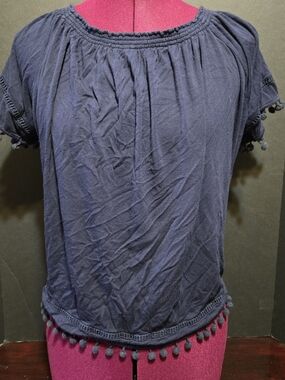 Rafaella  Womens Cotton Top Navy Shirt Navy Pom-pom Trim Boat Neck Size XL